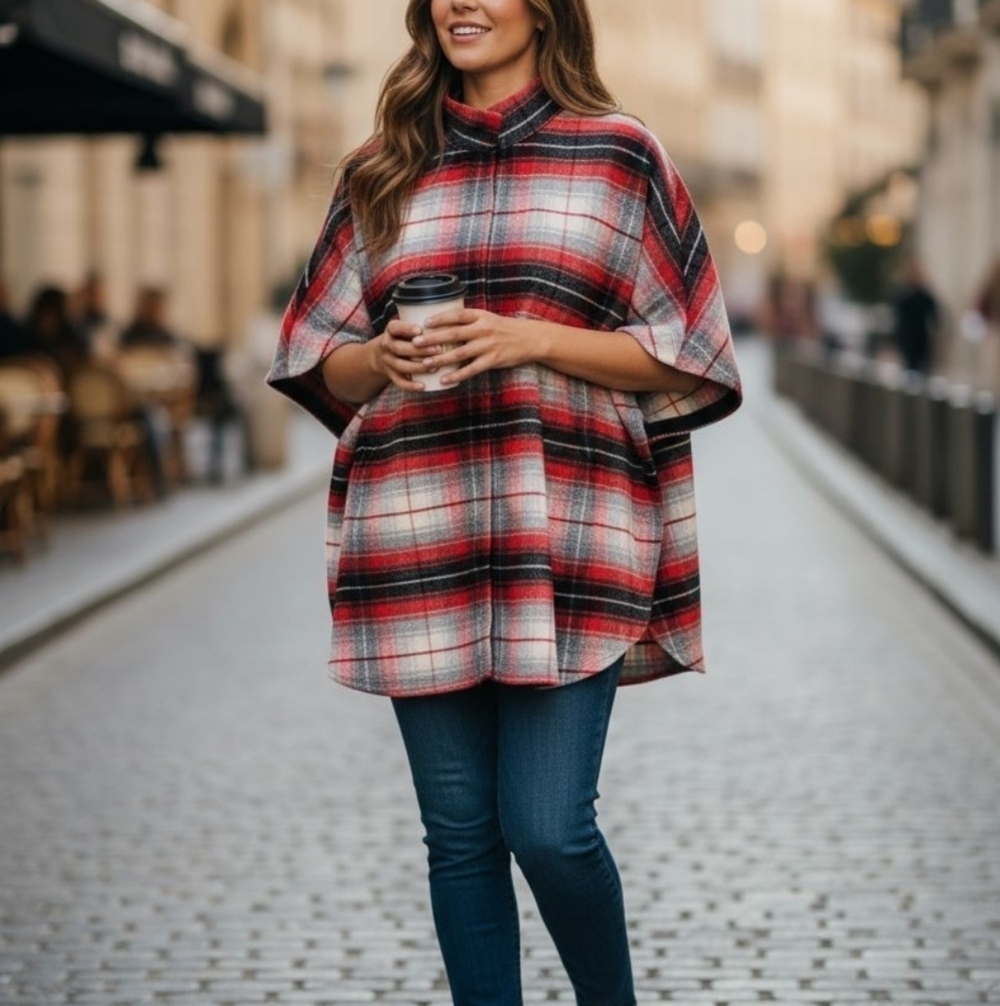 Eddie Bauer Sonoma Cape Blanket Womens Plaid Wool Blend NEW
